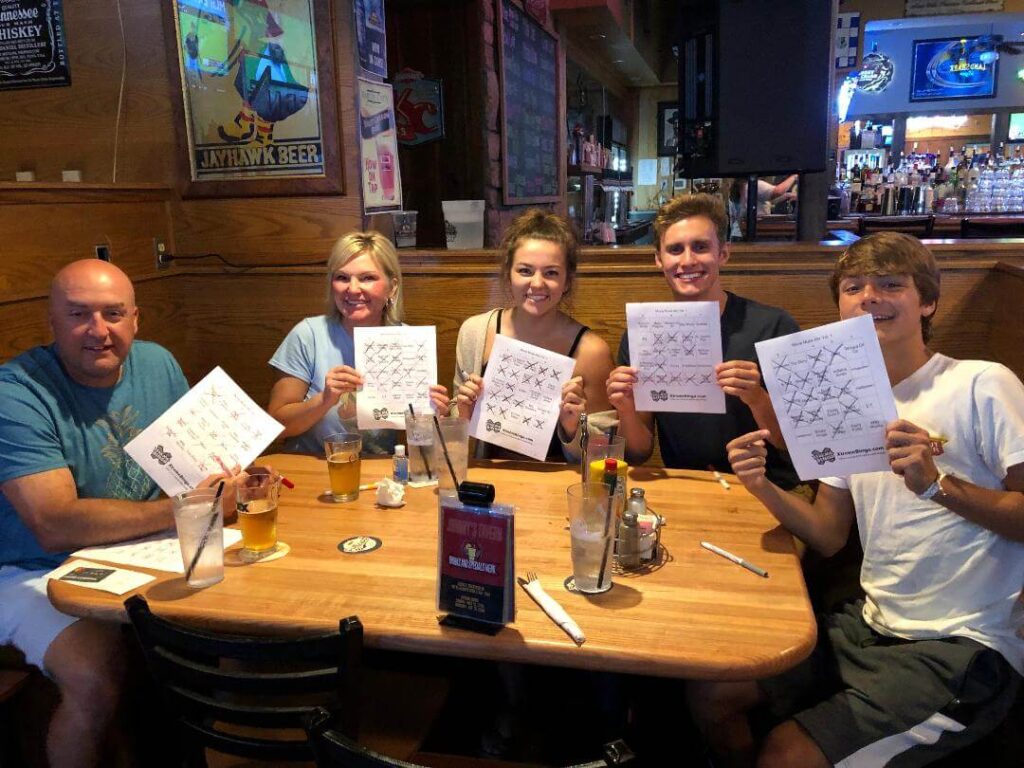 A group of people sitting at a table holding up signs.